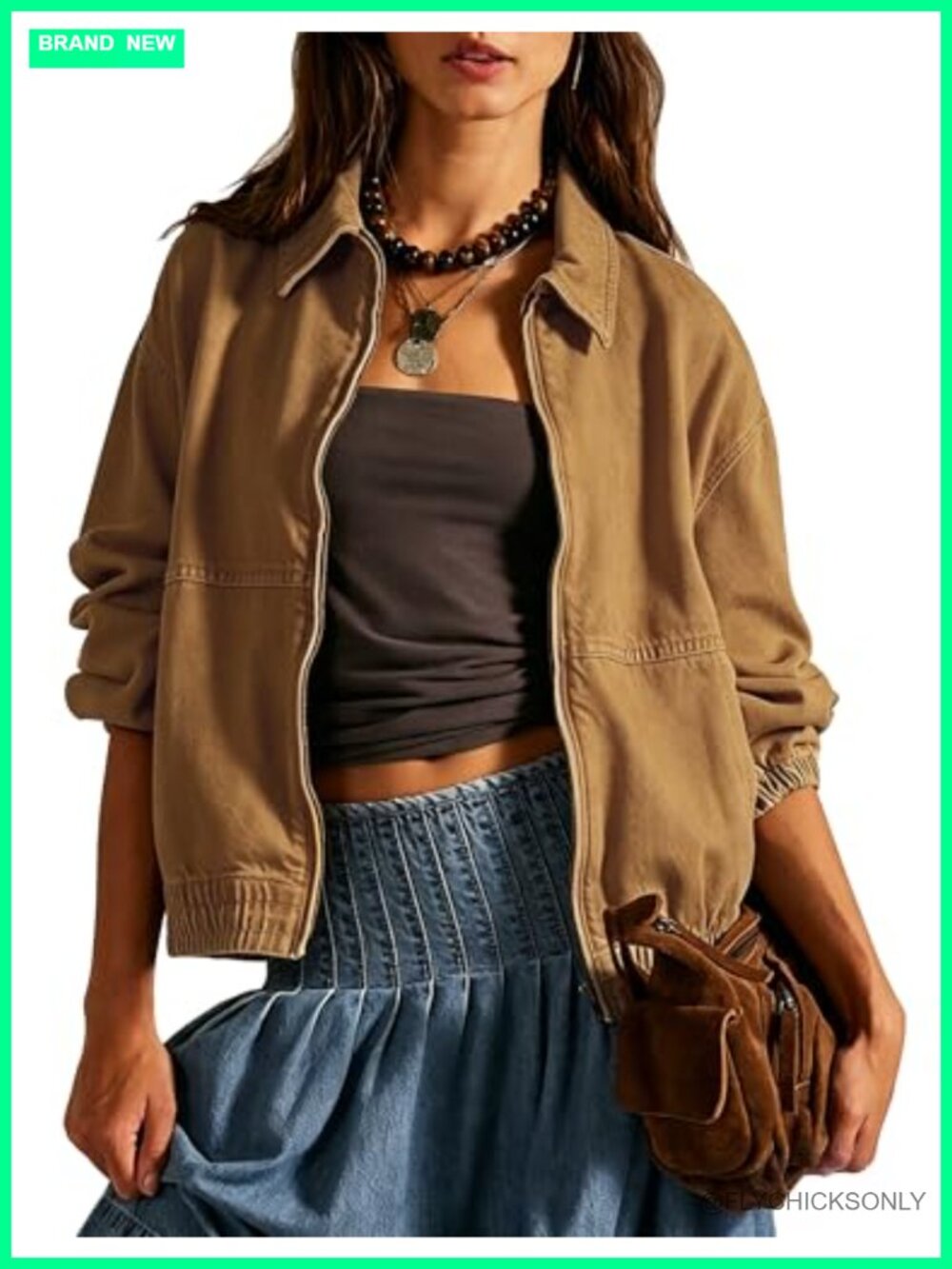 Womens Cotton Zip Up Bomber Denim Jean Jacket Long Sleeve